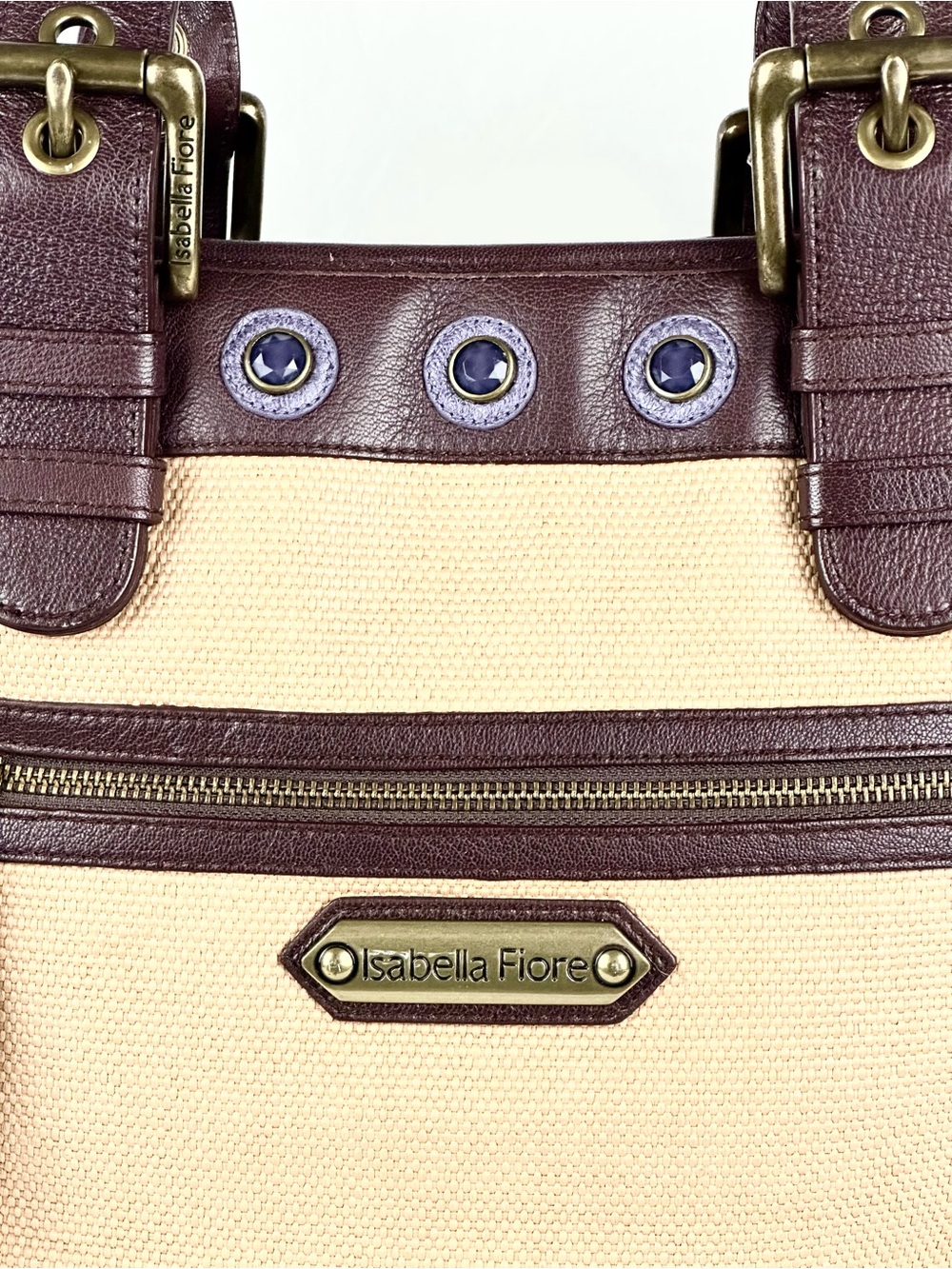 Isabella Fiore ‘Set in Stone’ Jeweled Tote Bag Tan and Brown Leather Trim - Picture 3 of 16